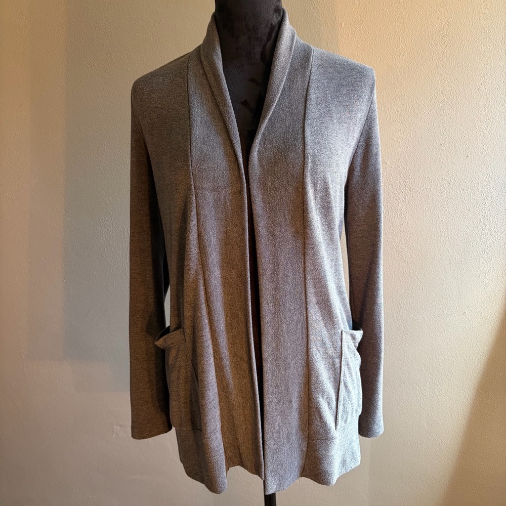 Pleione Heather Gray Open Front Cardigan Sweater Roll Button Tab Sleeve XS Soft